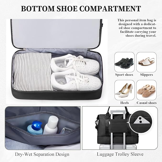 Weekender Bags for Women,Personal Item Travel Bag with Shoes Compartment,Overnight Travel Duffel Bag with Grid Toiletry Bag,Extra Large,Black