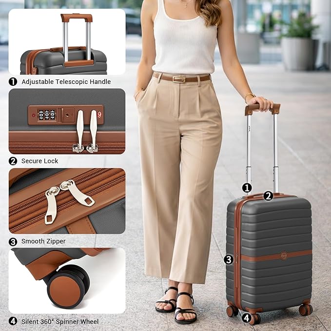 Kono Expandable Carry On Luggage 22x14x9 Airline Approved with Spinner Wheels, 20 Inch Durable PC+ABS Hardshell Travel Suitcase Rolling Luggage with Lock, Grey/Brown