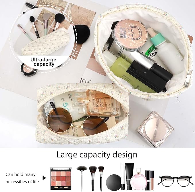 EIMMBD Makeup Bag 3 Pieces Large Capacity Checkered Cosmetic Bag Travel Toiletry Bag Organizer Cute Makeup Bag Pouch Storage Bag for Women(Beige Floral)