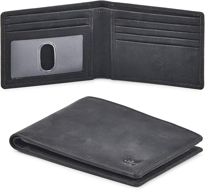 Real Leather Mens Bifold Wallet RFID Blocking Slim Minimalist Front Pocket - Thin & Stylish with ID Window in Gift Box (Crazy Horse, Black)