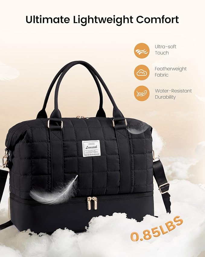 LOVEVOOK Travel Duffel Bag - Versatile Weekender Bag for Women, Puffer Carry On & Overnight Bag for Short Trips, Black
