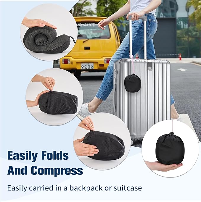 Neck Pillow for Traveling, Travel Pillows for Airplanes,100% Pure Memory Foam Travel Neck Pillow, Adjustable Flight Pillow, Portable Plane Accessories with Eye Mask, Earplugs, Carry Bag