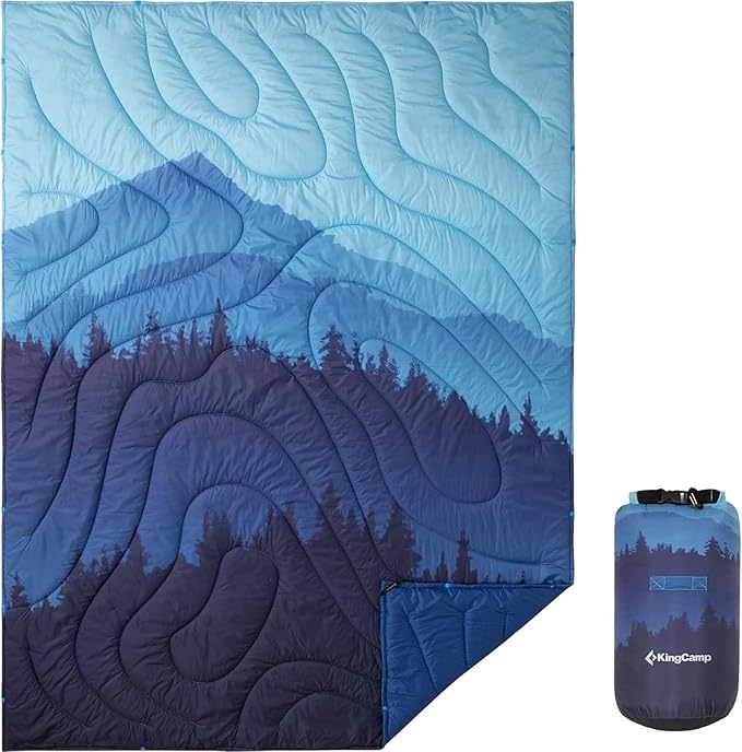 KingCamp Ultralight Camping Blanket, Packable Down Alternative Puffy Printed Wearable Blanket with Snap Buttons & Corner Loops Weatherproof Quilt for Outdoor Travel Stadium (78.7" x 57.1", Forest)
