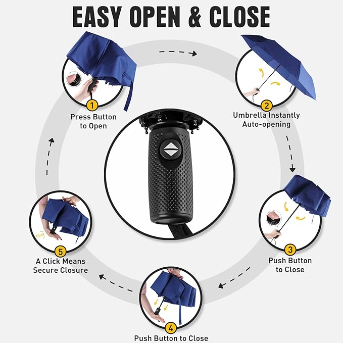 Windproof Travel Umbrella, Compact Umbrella, Car Umbrellas for Rain & Sun, 8 Fiberglass Ribs for Strong UV & Wind Resistance, Portable, Lightweight, Vent, Easy Automatic Open/Close