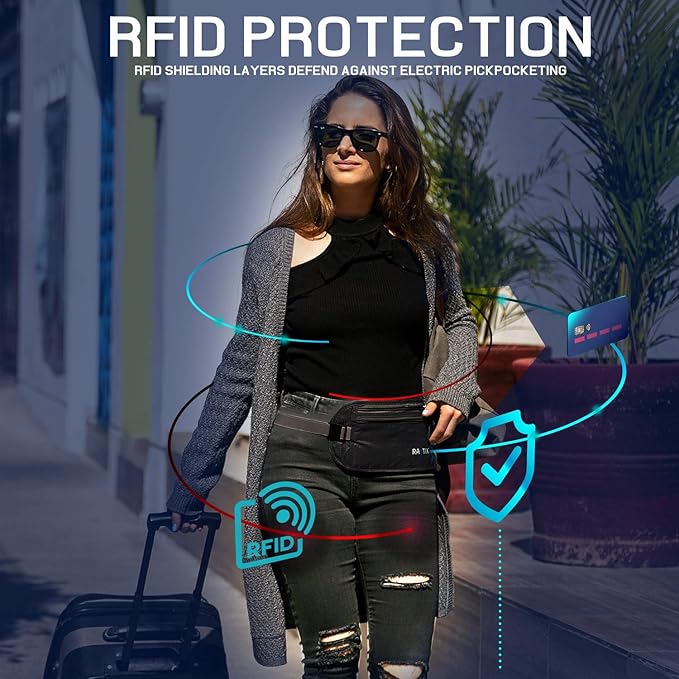 Money Belt For Travel – RFID Blocking Waist Pouch Passport Holder Wallet Belt – Waterproof Hidden Travel Fanny Pack For Men & Women – Secure, Lightweight, Adjustable Strap – Black