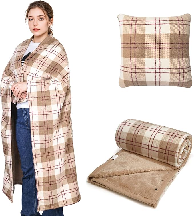 forestfish Wearable Blanket Compact Pillow 2-in-1, Flannel Lap Blanket Poncho with Button Plaid Throw Cushion for Home Office Sofa