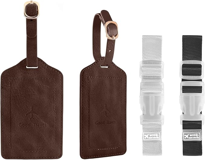 1 Pack Luggage Tag, PU Leather Suitcase Tags Identifiers Privacy Cover ID Label for Travel Bag Suitcase with 2 Pack Luggage Straps for Hats, Bags and Travel Accessories(L-Dark Brwon)