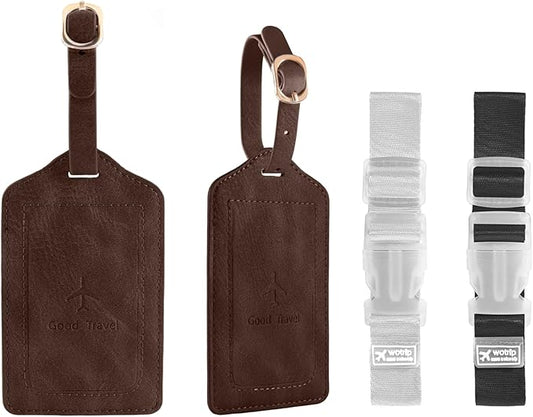 1 Pack Luggage Tag, PU Leather Suitcase Tags Identifiers Privacy Cover ID Label for Travel Bag Suitcase with 2 Pack Luggage Straps for Hats, Bags and Travel Accessories(L-Dark Brwon)