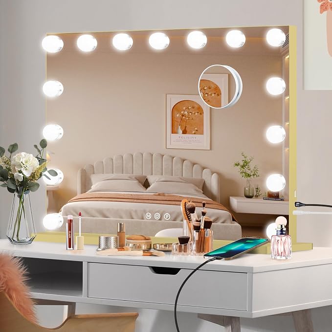 Moonee Vanity Mirror with Lights, Gold Hollywood Lighted Makeup Mirror with 15 Dimmable Bulbs and 10X Magnification, 3 Colors Modes, Aluminum Metal Frame, Light Up Mirror for Tabletop/Wall（23" x 18"）