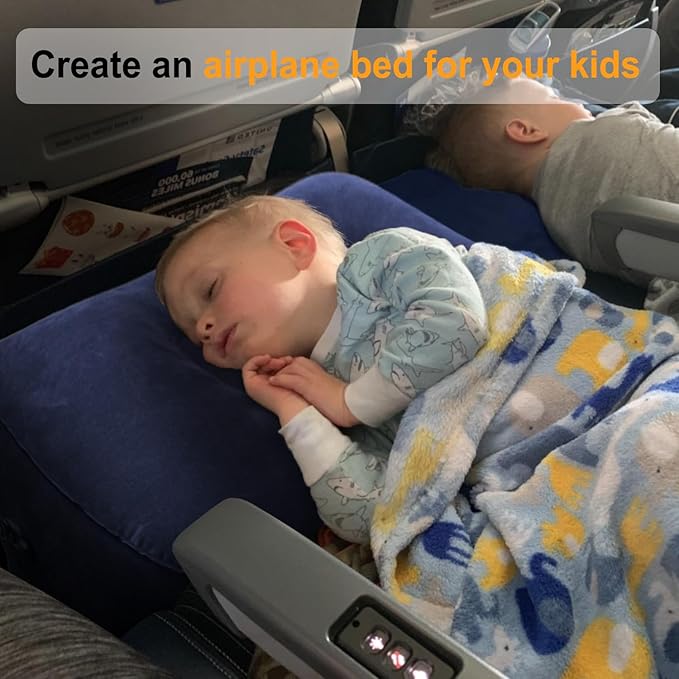 Maliton Inflatable Travel Foot Rest Pillow, Kids Airplane Bed, Adjustable Height Leg Pillow for Air Travel, Make a Flat Bed for Kids and Toddlers, Great for Airplane, Train, car（Blue, 1 Pack）