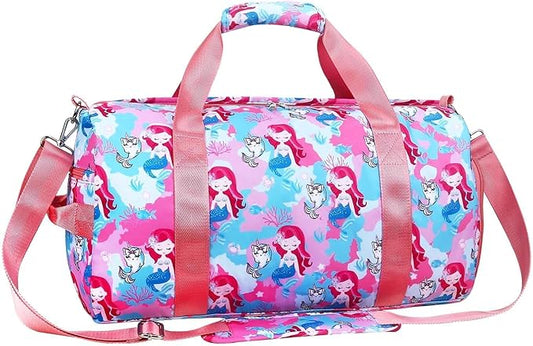 Gym Travel Duffle Bag for Girls - Gymnastics Sports Dance Bag with Shoe Compartment & Wet Pocket Mermaid Kids Travel Bag Teens Weekender Sleepover Carry On Bag
