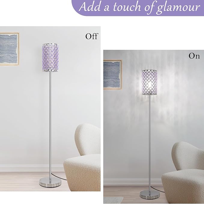 Floor Lamp for Bedroom, Silver Crystal Lamp with Lavender Shade&Foot Switch | Elegant Standing Lamp, Corner Pole Lamp for Girls Bedroom Living Room Office, E26 Base