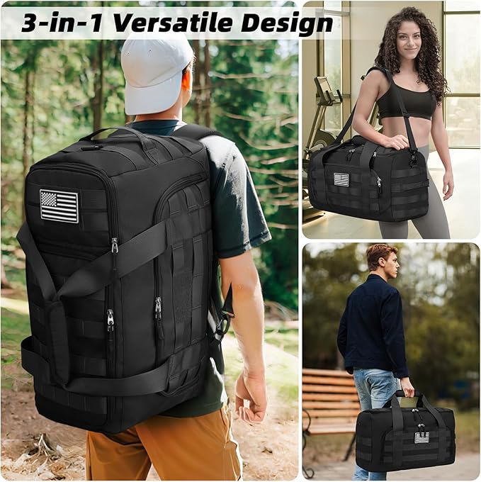 ZOMFELT Tactical Gym Bags for Men, Travel Duffle Bag with Removable Dividers & Innovative Shoe Compartment, 3-in-1 Waterproof MOLLE Gym Duffel Backpack, Airplane Carry-On Approved, Black