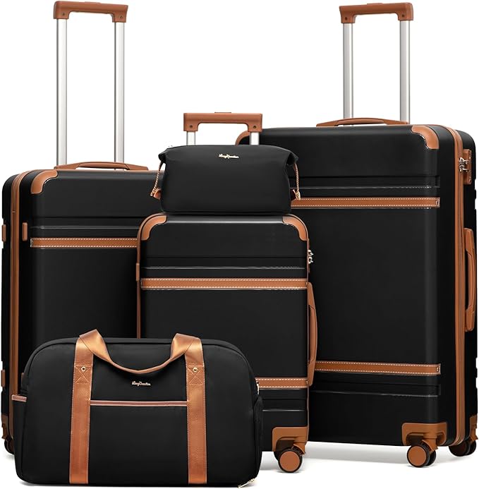 LONG VACATION Luggage Sets 5 Piece, Suitcases With Wheels, PC+ABS Hardshell Luggage Set with Spinner Wheels, TSA Lock (Black Brown)