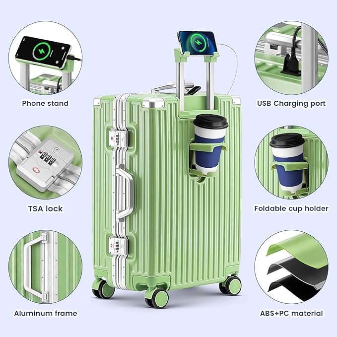 20 Inch Carry On Suitcase, Aluminum Frame Zipperless Hard Shell Luggage with Spinner Wheels, TSA Lock, USB Charging Port, Phone Holder, Cup Holder for Business Travel and Trips, Fruit Green