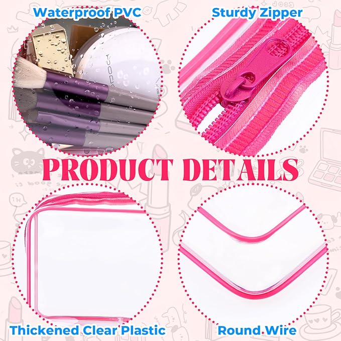 6 Pieces Clear Makeup Bags Bulk TSA Approved Toiletry Bag for Travel PVC Waterproof Clear Cosmetic Pouch with Zipper for Men and Women Carry-on Travel Essentials (Rose Red)
