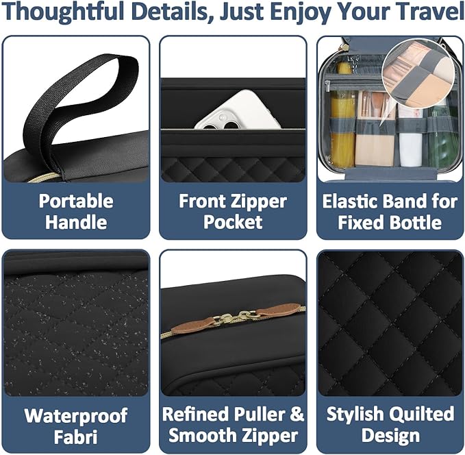 Travel Toiletry Bag for Women with Hanging Hook, Waterproof TSA Approved Cometic Toiletry Bag Organizers Leakproof Make up Bags for Women Black