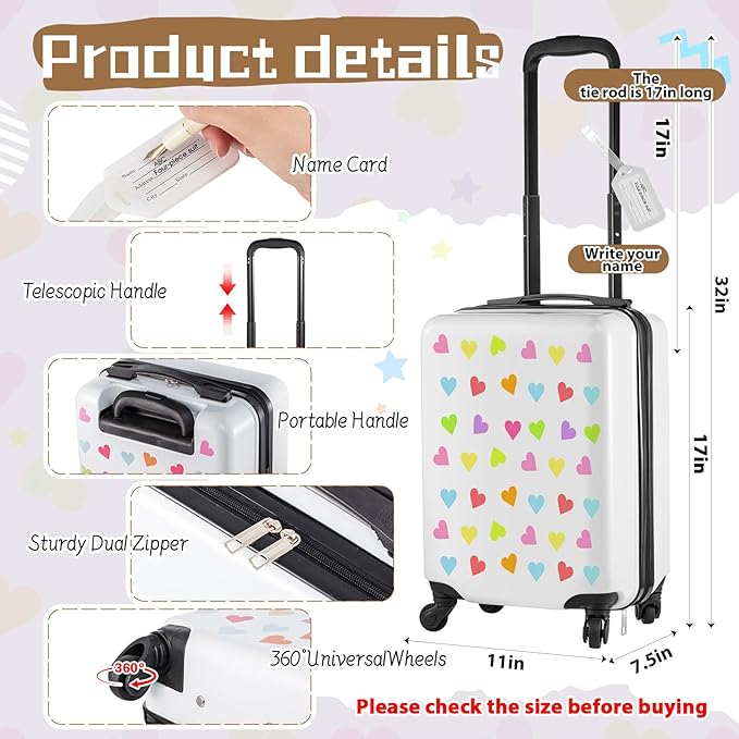 Redbaker 17 Inch 6 Pcs Kids Luggage Kids Rolling Luggage Double Pattern Suitcase for Boys Girls (White, Love Style)