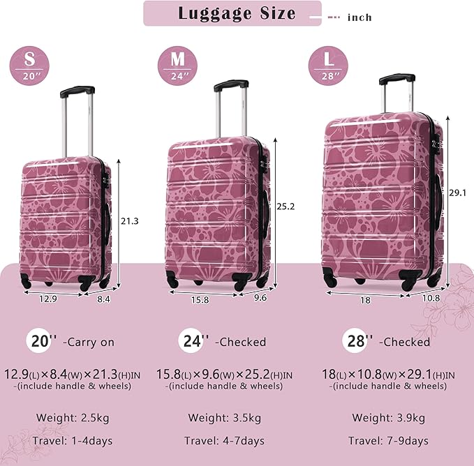 Merax Luggage Sets 3 Piece, Hardside Suitcase Set with Spinner Wheels, Lightweight 20+24+28 IN Suitcase with Carry on Luggage, Purple Pink