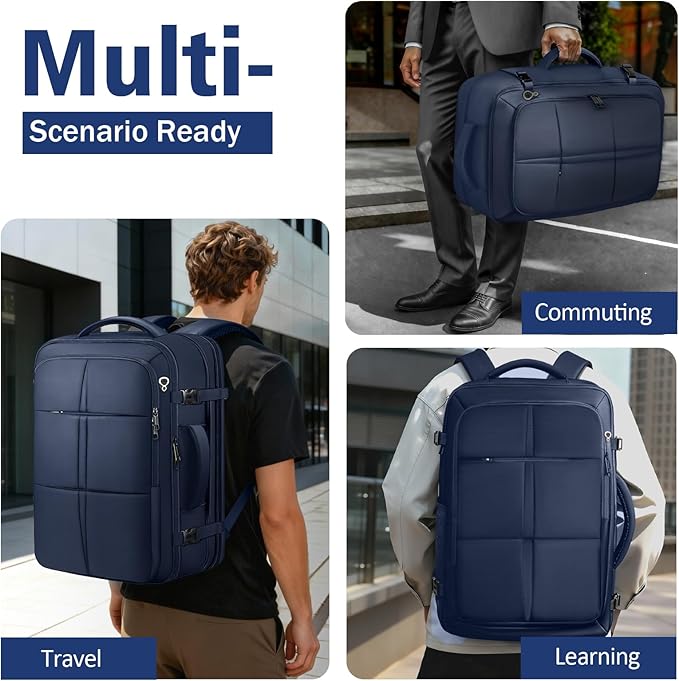 tazbuzo Travel Backpack, Extra Large 50L Flight Approved Carry on Backpack, Expandable Waterproof Business Suitcase Daypack Big Bag Fits 18.4 Inch Laptop, Blue