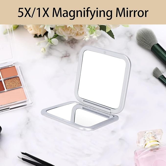 CYHTSHFZ Small Compact Mirror for Purse,5X/1X Travel Magnifying Mirror for Women, Makeup Mirror for Girls, Portable Ultra Slim Pocket Mirror（Silver）