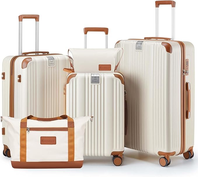 Luggage Set 3 Piece with Cup Holder,Hardshell TSA Lock Spinner Wheels Carry on Lightweight Suitcase，Hook and YKK Zippers for Valentine Gifts(Beige, 5 piece sets(20/24/28/DB/TB))