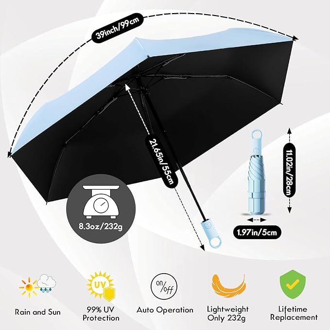 Windproof Compact Travel Umbrella,Large Strong but Light Portable and Automatic Folding Rain Umbrella, small inverted for travel size