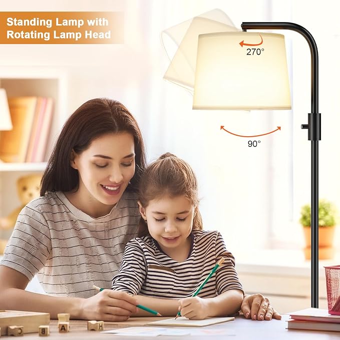 Fully Dimmable Floor Lamp with 9W LED Bulb, Standing Lamp for Living Room with Adjustable Head, Modern Tall Light with Rotary Switch for Office, Black and White
