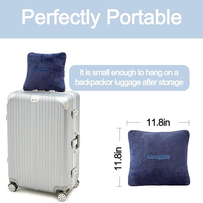 Travel Blanket Pillow, Premium 2 in 1 Flannel Airplane Blanket Compact for Travel,Office, Home,Travel Essentials Accessories for Plane and Car,Compact Office Blanket (Blue)