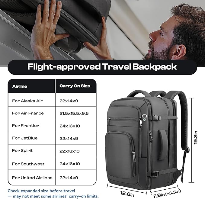 Roomy Travel Backpack, Expandable 40L-50L Carry On Backpack For 17.3" Laptop,TSA Flight Approved Business Travel Backpack w/ Multiple Organizer Pockets for Work,Overnight Trip,College &Daily Commuting