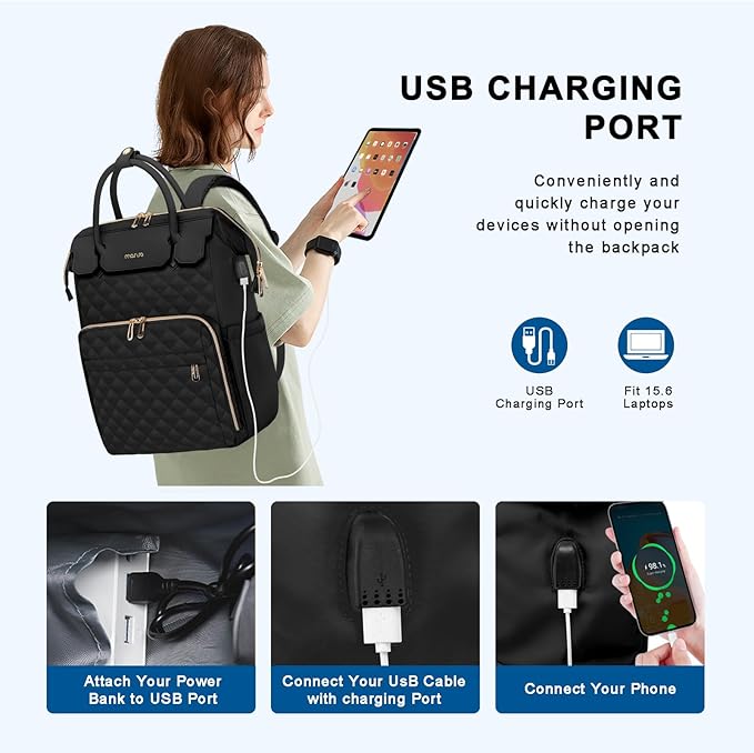 MOSISO Laptop Backpack for Women Men, 15-15.6 inch Rhombus Quilted Flight Approved Travel Backpack with PU Handle, 16 inch Carry on Daypack with USB Port for College Work Business, Black