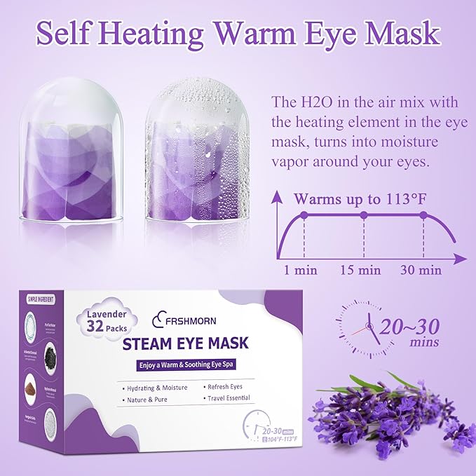 32Packs Steam Eye Mask, Heated Eye Mask for Sleeping, Warm Compress for Eyes, Self Heating Disposal Steam Mask for Home Sleep, Office, Spa, Travel Essentials Valentine's Day Gifts (Lavender)