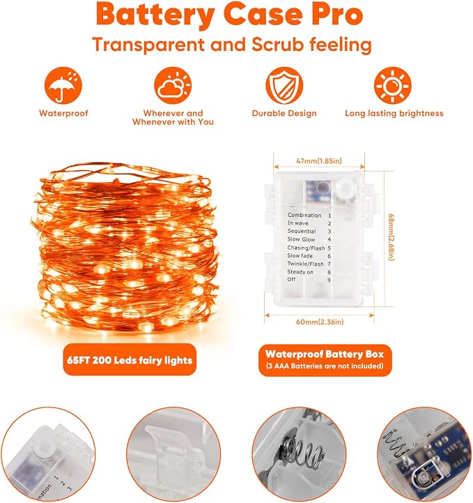 Ariceleo 2 Pack 65.6 Ft. Battery Operated Outdoor String Lights with Remote & Timer, LED Orange Fairy Lights, Waterproof Twinkle Lights for Bedroom, Dorm, Mason Jar, Wedding, Party, Christmas