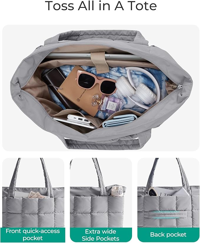 BAGSMART Expandable Tote Bag for Women, Puffer Work Tote Handbag, Quilted Carry On Bag for Travel Gym
