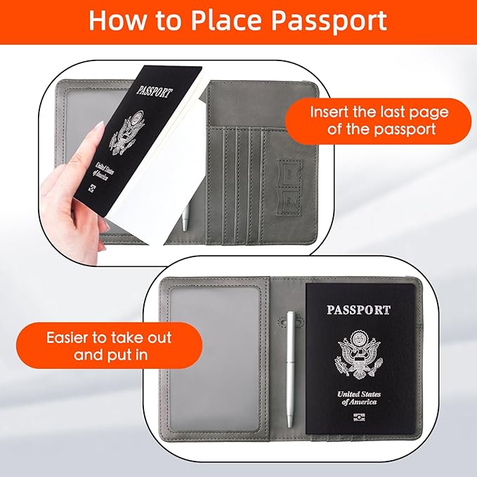 WALNEW Passport Holder Wallet, RFID Blocking Passport Cover Case PU leather Card Holder with Pen and Clear Card Slot for Women Men, Gray
