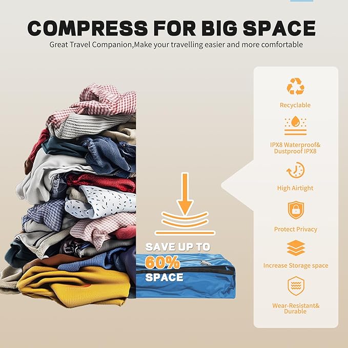 Reusable Vacuum Bags for Travel With Pump,Professional Waterproof IPX8 Vacuum Compression Bag for Suitcases Backpack,Space Saver Bags Packing Organizers for Clothing Packing(2 Pack,Blue)