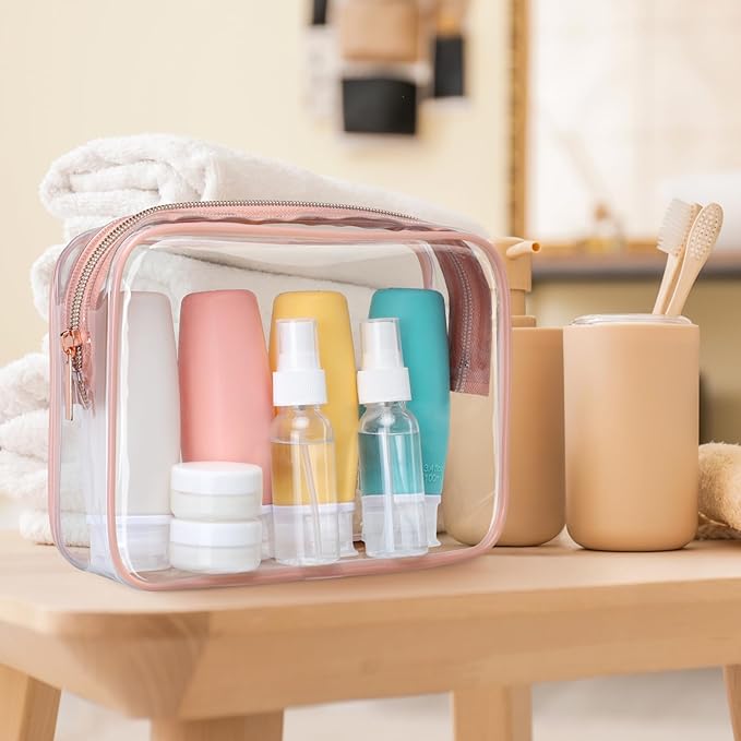 PACKISM 9 Pack TSA Approved Toiletry Bag with Bottles - Leakproof 3.4oz Silicone Travel Container Kit for Toiletries, Clear Quart Size Bag for Shampoo Conditioner Lotion (BPA Free)
