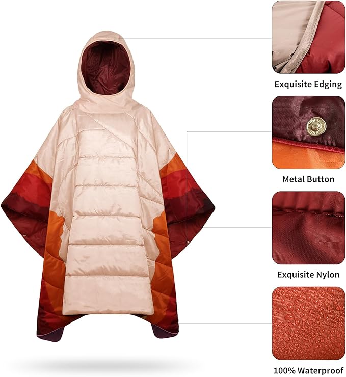 Camping Blanket,Hoodie Blankets Poncho Outdoor Waterproof Windproof Warm Durable & Portable for Stadium, Concerts, Car,Travel, Beach, Picnic, Grass,75 * 56 inch