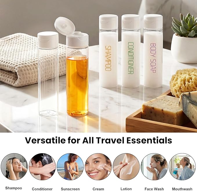 Cosywell Travel Bottles for Toiletries 5 Pack 3.4oz Pre-Printed Travel Size Containers TSA Approved Toiletry Bottles Wide Mouth Leak Proof Squeeze Bottle for Lotion Toothpaste(Clear)