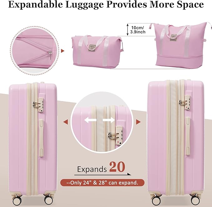Merax Luggage Sets 5 Piece with Half-opening, Hardside 20" Carry On Suitcase Set with USB Port,Lightweight Travel 24" 28" Luggage with Bags TSA Locks Double Spinner Wheels,Light Pink