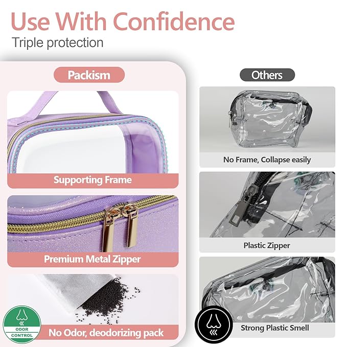PACKISM Glitter Texture TSA Approved Toiletry Bag Set, Style Clear Makeup Bag with Handle, 1 TSA Medium & 1 Large for Travel, Gift for Women, Purple