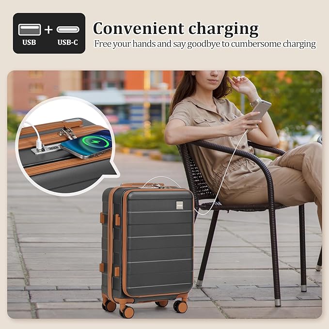 imiomo Carry on Luggage Airline Approved with Front Pocket and USB Port, Hard Shell 20 Inch Travel Carry-on Suitcase with Spinner Wheels and TSA Lock, Grey