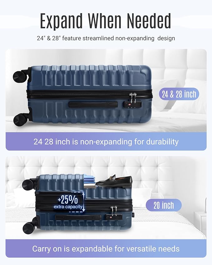 LIGHT FLIGHT Luggage Sets, 3 Piece Durable Suitcase Set with Spinner Wheels, 3 Pcs Hard Shell Lightweight Luggage with TSA Lock, Large Checked Travel Suitcases, 20/24/28 Inch, Royal Blue