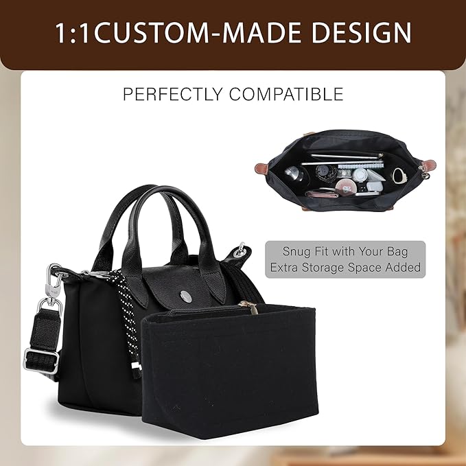 Premium Felt Purse Organizer Insert for Longchamp Le Pliage Energy/Xtra -XS, Zipper Long Champ Bag Organizer Insert with 4 Compartments