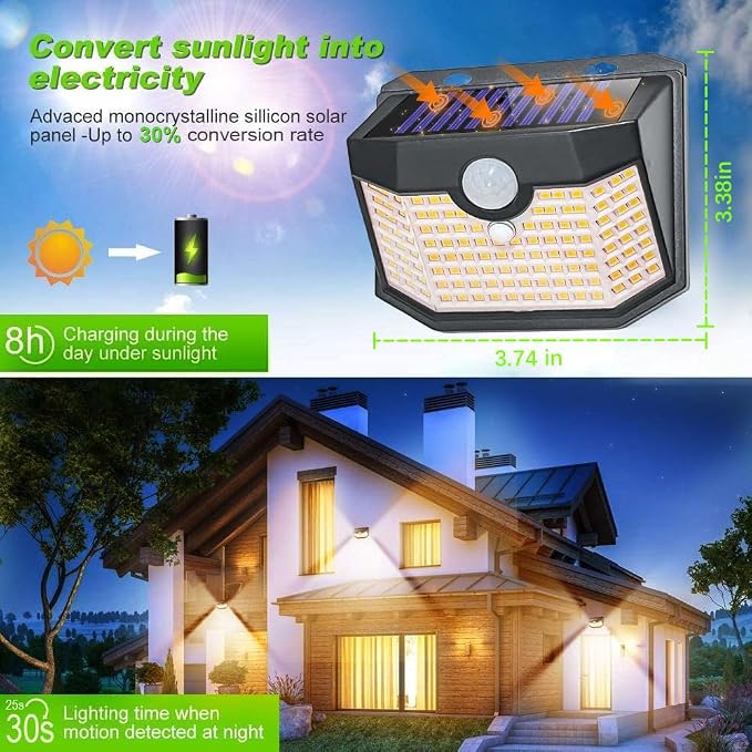 HMCITY 120 LED Solar Lights Outdoor Motion Sensor, 2 Pack, White Warm | 3 Lighting Modes, IP65 Waterproof, Front Button Control, Wide Solar Wall Lights Ideal for Garden Patio Yard