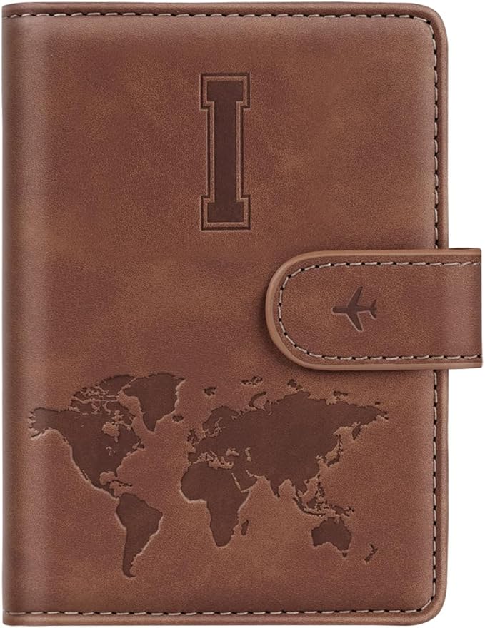 Passport Holder Wallet Cover Personalized Letter A-Z Travel Wallet RFID Blocking Passport Cover Wallet Case for Travel Passport Book Holders for Women and Men, Brown-I