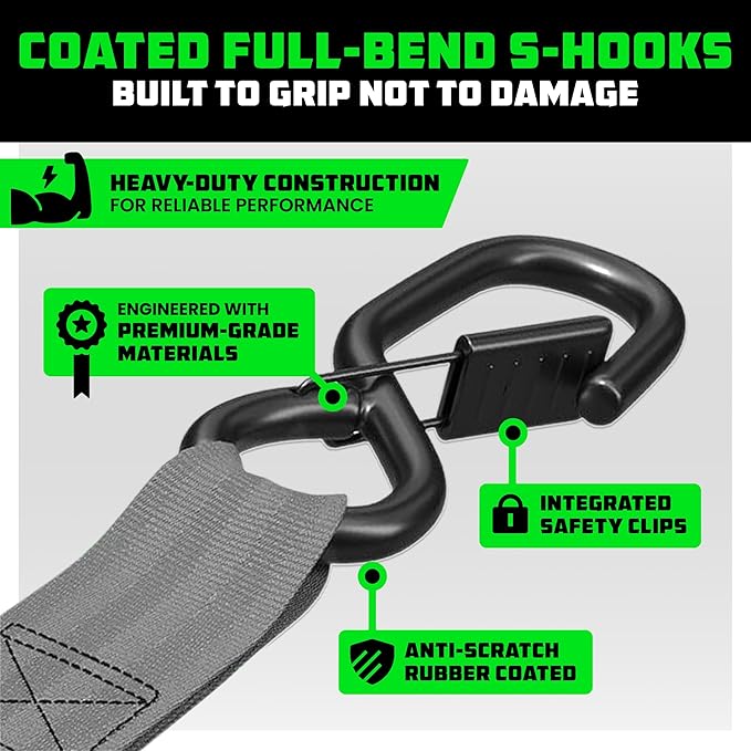 Rhino USA Ratchet Straps Tie Downs (4-Pack) - 1 Inch x 15 Feet (1,823lb Break Strength) - Ultimate Tie Down Straps with Safety S Hooks - for Trucks, Cargo, Moving, Appliances - Grey