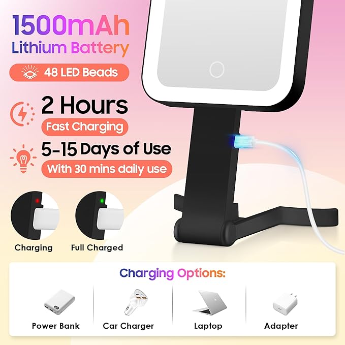 GOMIPURU Magnifying Travel Mirror with Light, 30X/1X Double-Sided Magnifying Mirror with 3 Color Lights, Brightness Adjustable, Foldable Handheld Makeup Mirrors Portable for Travel and Desktop Use,B