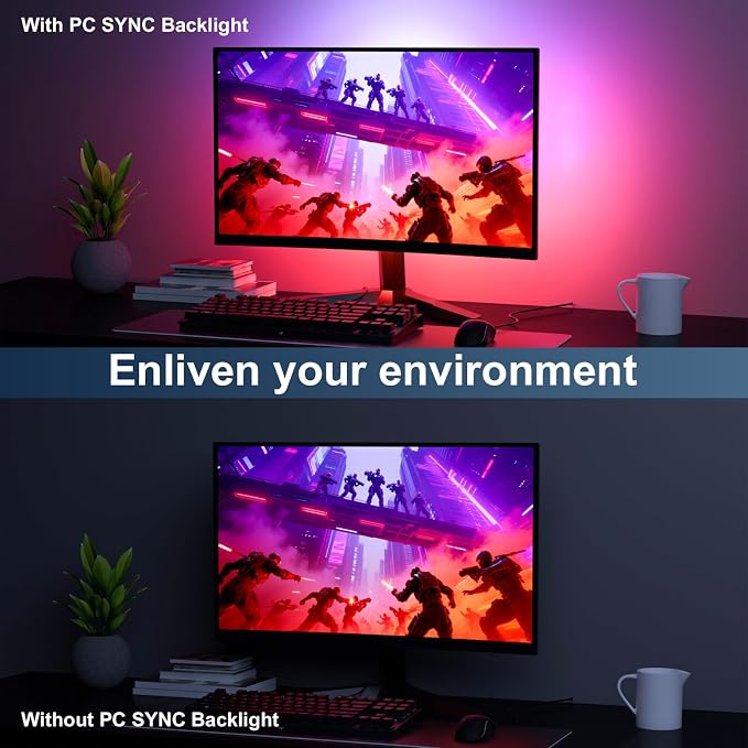 Monitor LED Backlights, 4-Side 24-32inch LED Strip Light Sync with Screen Color/Music, Computer Light Bar Behind Screen, for PC/Mac, LEDs for Desk Gaming, USB Interface (4-Side 27inch)