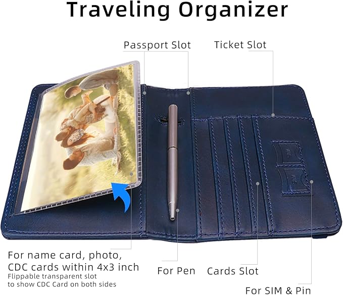 WALNEW Passport Holder for Travel, RFID Passport Cover Wallet for Women Men, PU Leather Passport Book Card Holder Case with Pen (Upgraded, Upgraded-Navy Blue)